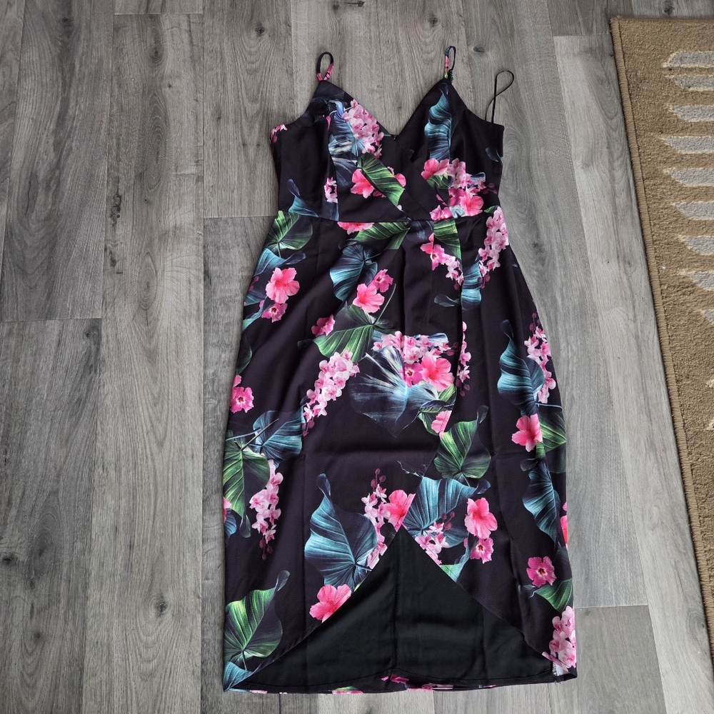 Nwt Apricot Black Tropical Floral Spaghetti Strap Midi Dress Front Slit Summer - Picture 5 of 10